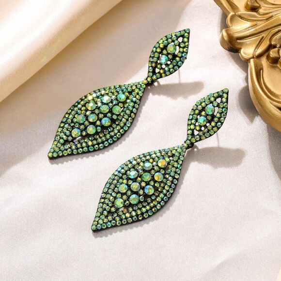 Carbon Black with Green AB Crystal Double Leaf Chandelier Post Back Earrings - Picture 2 of 6